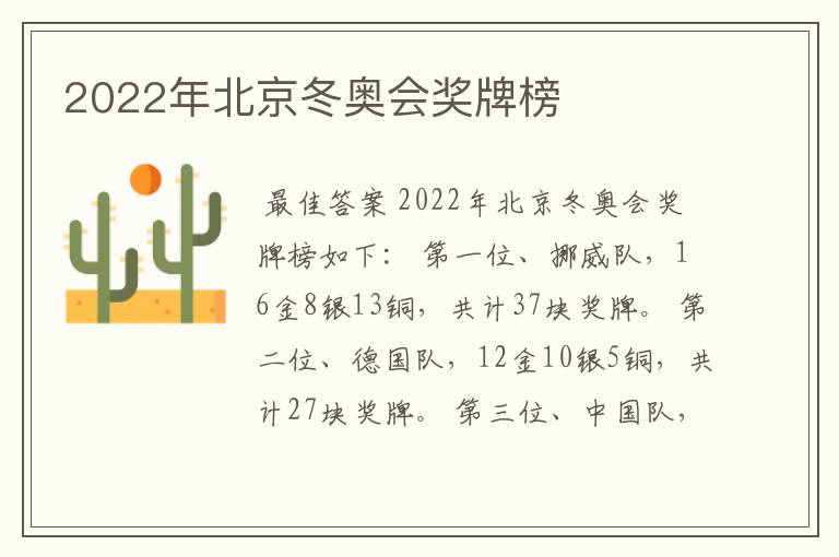 2022年北京冬奥会奖牌榜