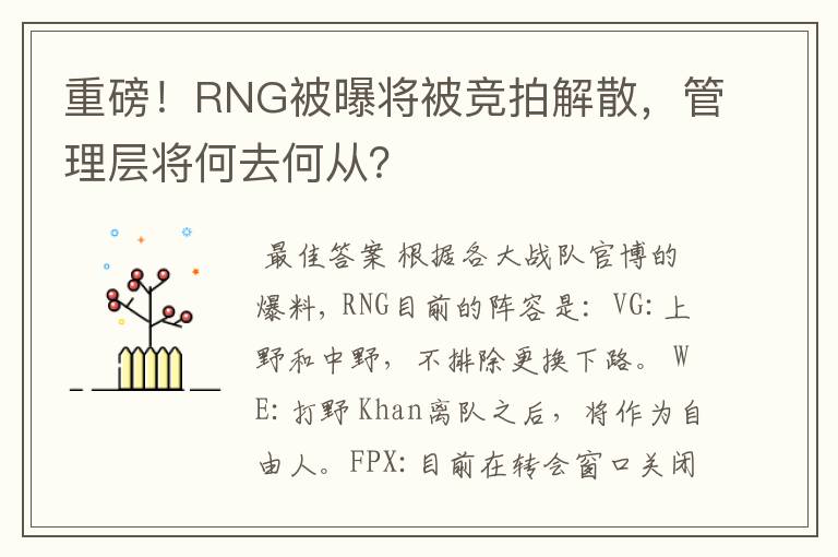 重磅！RNG被曝将被竞拍解散，管理层将何去何从？