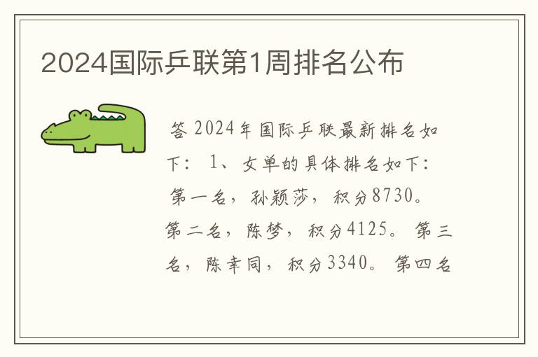 2024国际乒联第1周排名公布