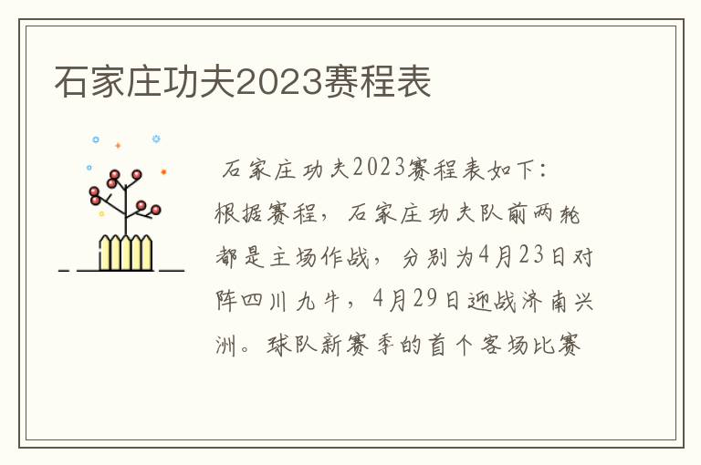 石家庄功夫2023赛程表