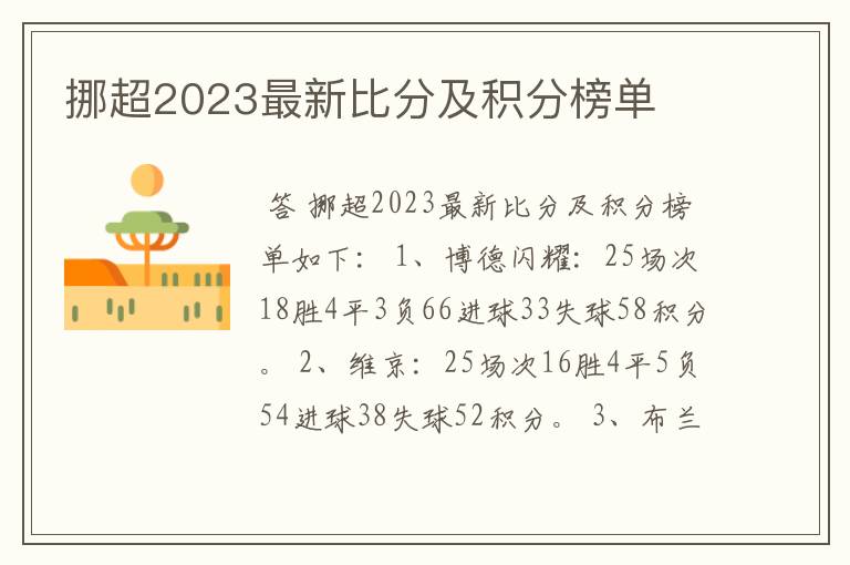 挪超2023最新比分及积分榜单