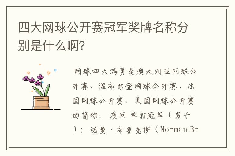 四大网球公开赛冠军奖牌名称分别是什么啊？