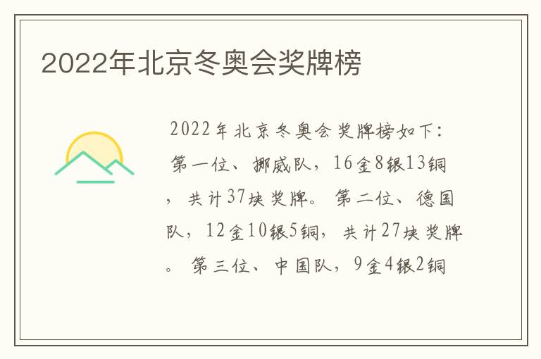 2022年北京冬奥会奖牌榜