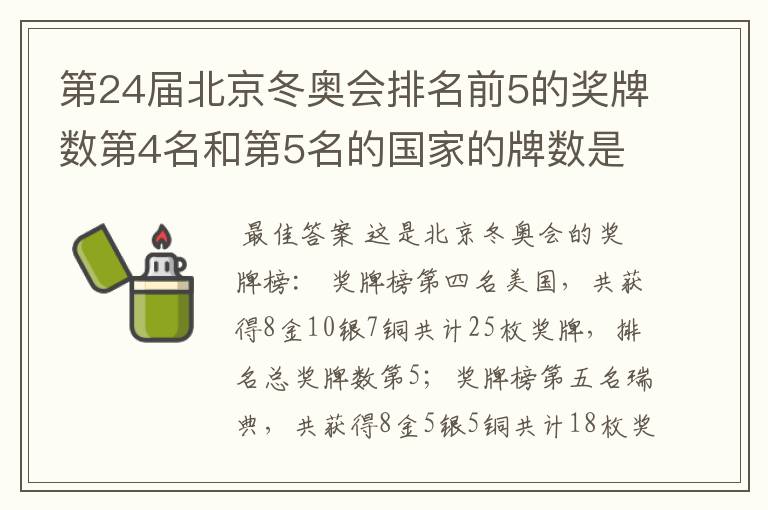 第24届北京冬奥会排名前5的奖牌数第4名和第5名的国家的牌数是多少？