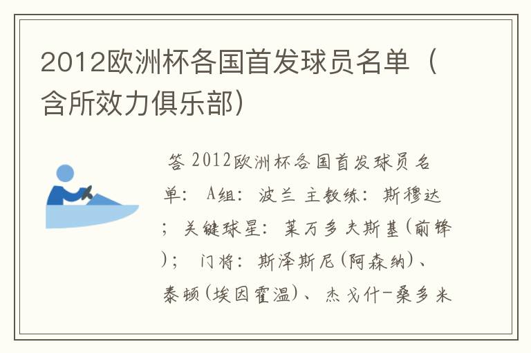 2012欧洲杯各国首发球员名单（含所效力俱乐部）