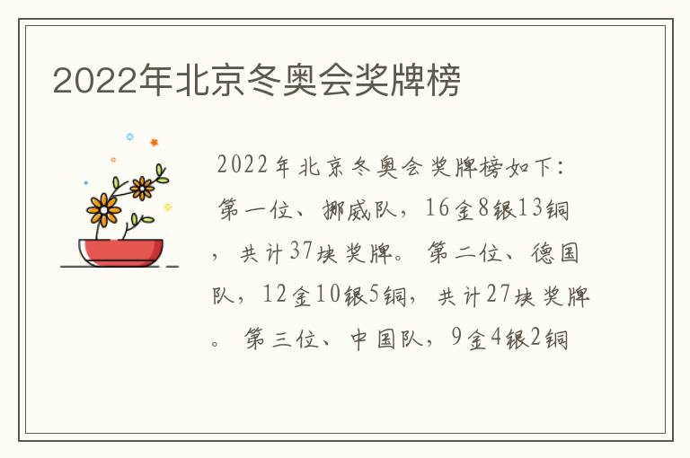 2022年北京冬奥会奖牌榜