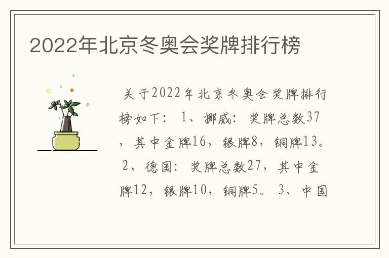 2022年北京冬奥会奖牌排行榜