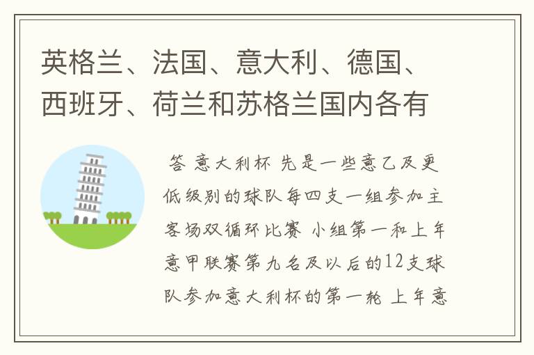 英格兰、法国、意大利、德国、西班牙、荷兰和苏格兰国内各有什么杯赛？