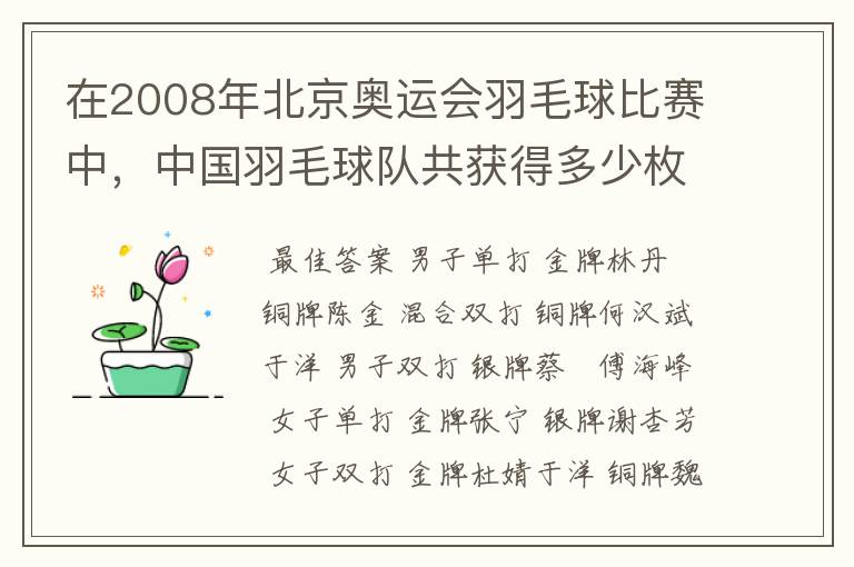 在2008年北京奥运会羽毛球比赛中，中国羽毛球队共获得多少枚奖牌？（注意是奖牌）