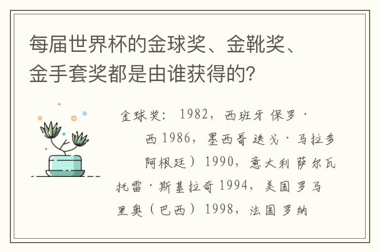 每届世界杯的金球奖、金靴奖、金手套奖都是由谁获得的？