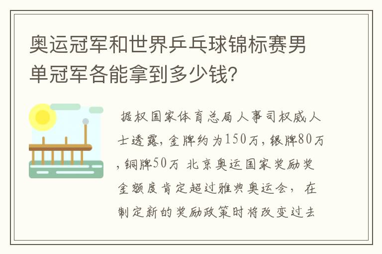 奥运冠军和世界乒乓球锦标赛男单冠军各能拿到多少钱？