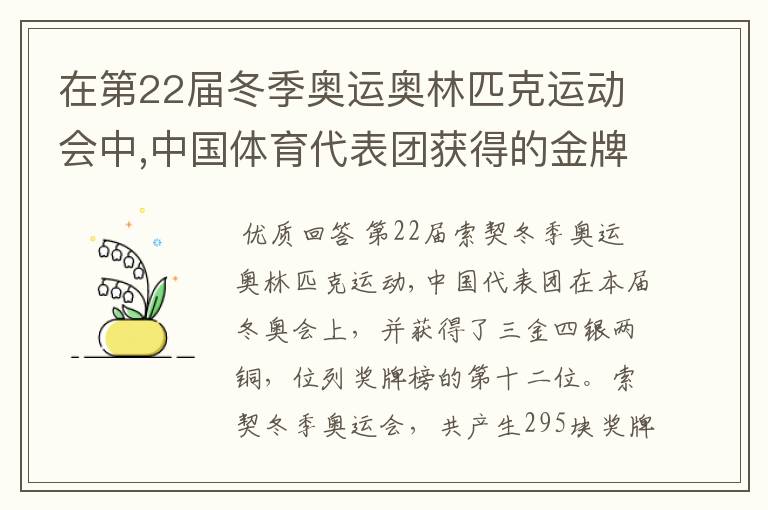 在第22届冬季奥运奥林匹克运动会中,中国体育代表团获得的金牌数占奖牌总数的