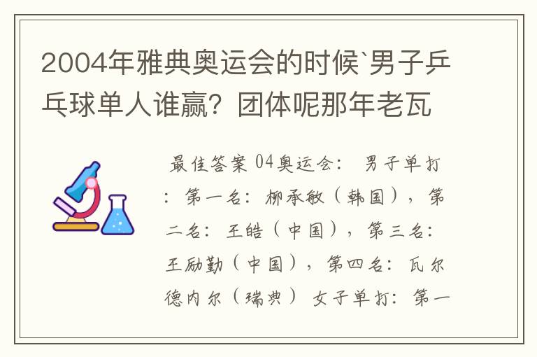 2004年雅典奥运会的时候`男子乒乓球单人谁赢？团体呢那年老瓦的战绩怎么样