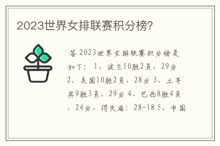 2023世界女排联赛积分榜？