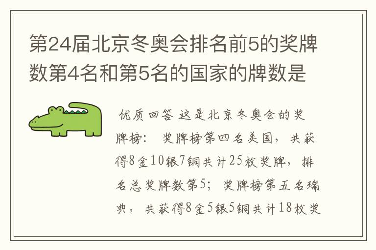 第24届北京冬奥会排名前5的奖牌数第4名和第5名的国家的牌数是多少？