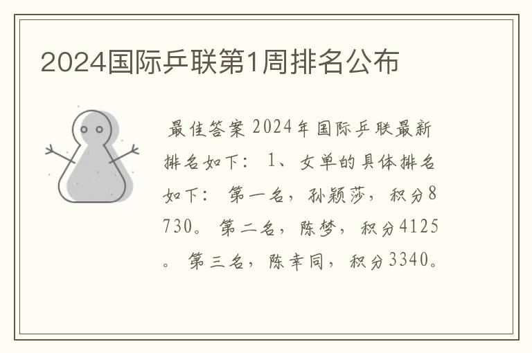 2024国际乒联第1周排名公布