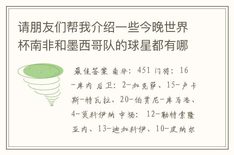 请朋友们帮我介绍一些今晚世界杯南非和墨西哥队的球星都有哪些？