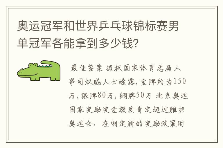 奥运冠军和世界乒乓球锦标赛男单冠军各能拿到多少钱？