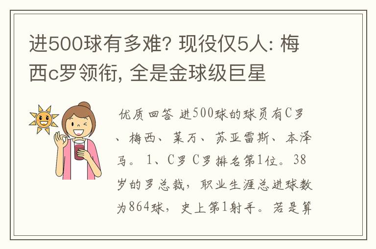 进500球有多难? 现役仅5人: 梅西c罗领衔, 全是金球级巨星