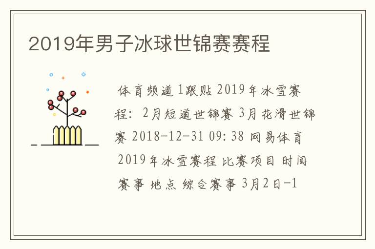 2019年男子冰球世锦赛赛程