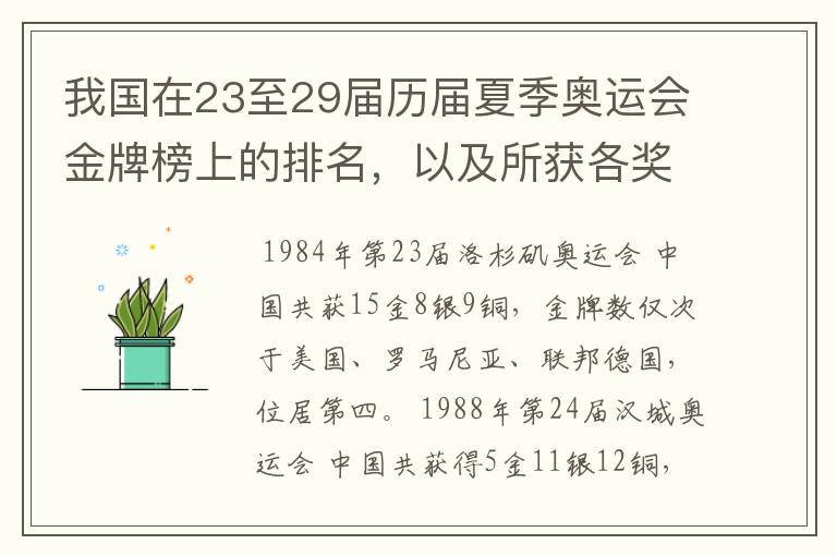 我国在23至29届历届夏季奥运会金牌榜上的排名，以及所获各奖牌总数，奖牌分布等情况