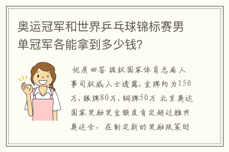 奥运冠军和世界乒乓球锦标赛男单冠军各能拿到多少钱？