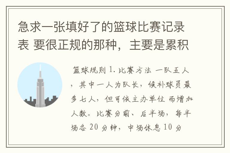 急求一张填好了的篮球比赛记录表 要很正规的那种，主要是累积分的连接