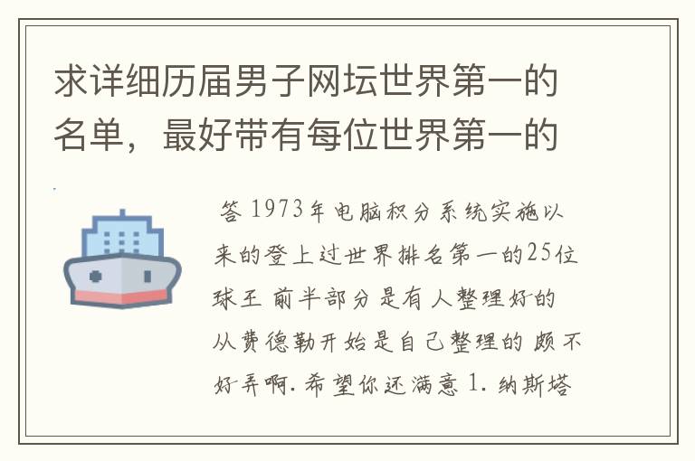 求详细历届男子网坛世界第一的名单，最好带有每位世界第一的时任周数。