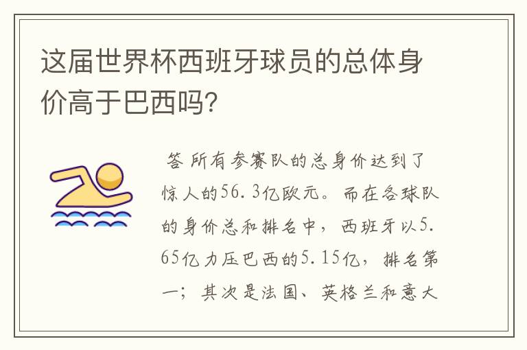 这届世界杯西班牙球员的总体身价高于巴西吗？