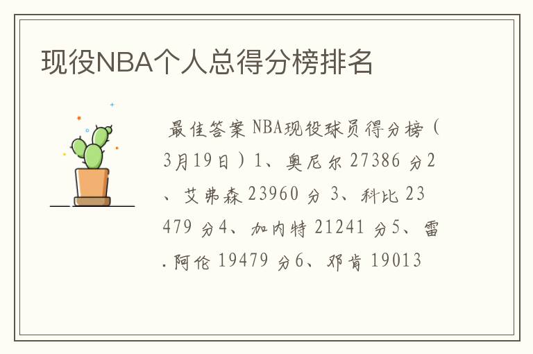 现役NBA个人总得分榜排名