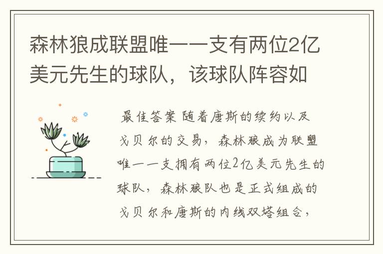 森林狼成联盟唯一一支有两位2亿美元先生的球队，该球队阵容如何？