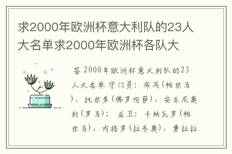 求2000年欧洲杯意大利队的23人大名单求2000年欧洲杯各队大