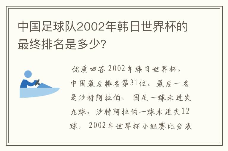 中国足球队2002年韩日世界杯的最终排名是多少？