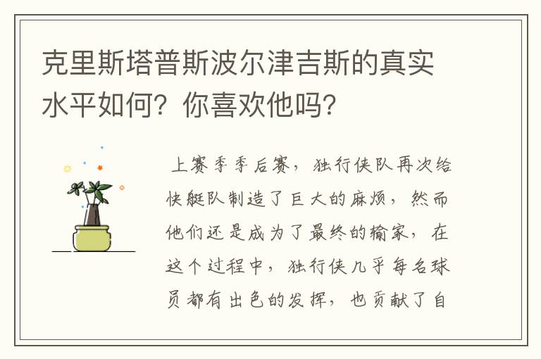 克里斯塔普斯波尔津吉斯的真实水平如何？你喜欢他吗？