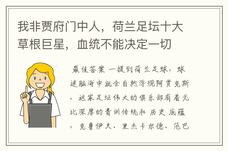 我非贾府门中人，荷兰足坛十大草根巨星，血统不能决定一切