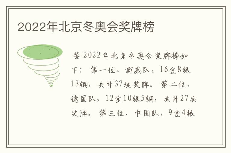 2022年北京冬奥会奖牌榜