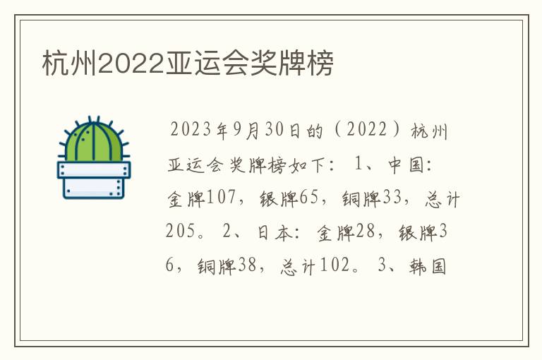 杭州2022亚运会奖牌榜