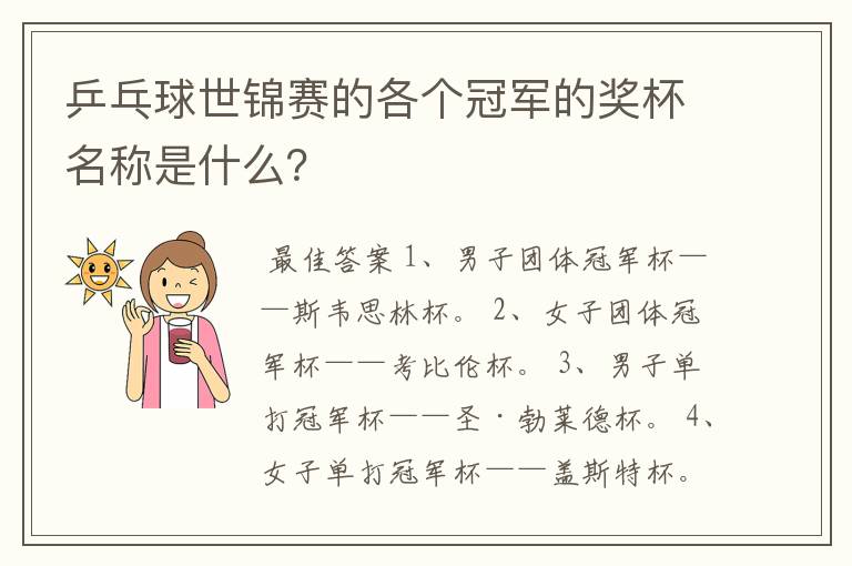 乒乓球世锦赛的各个冠军的奖杯名称是什么？