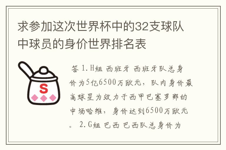 求参加这次世界杯中的32支球队中球员的身价世界排名表