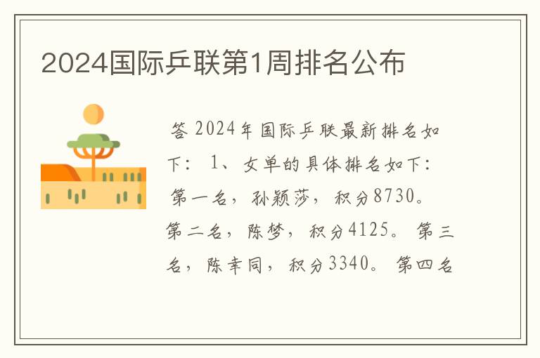 2024国际乒联第1周排名公布