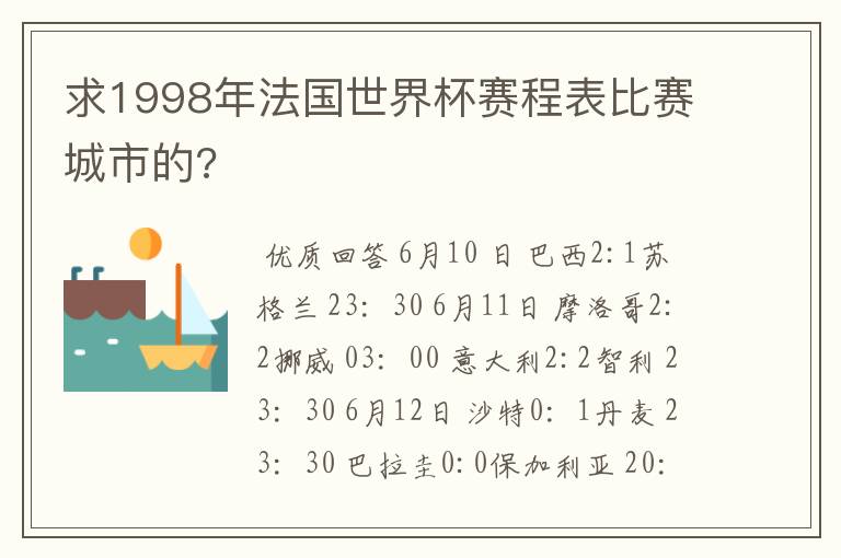 求1998年法国世界杯赛程表比赛城市的?