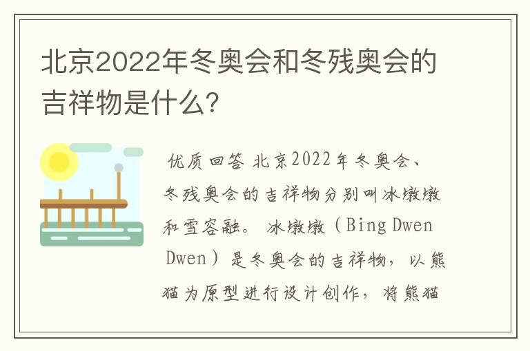 北京2022年冬奥会和冬残奥会的吉祥物是什么？