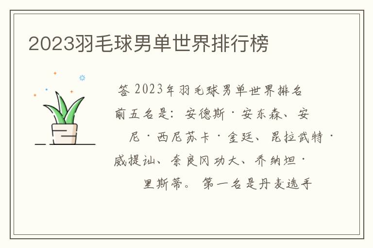 2023羽毛球男单世界排行榜