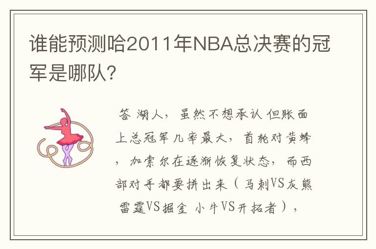 谁能预测哈2011年NBA总决赛的冠军是哪队？