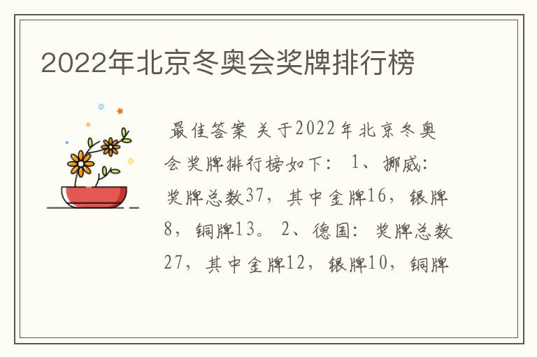 2022年北京冬奥会奖牌排行榜