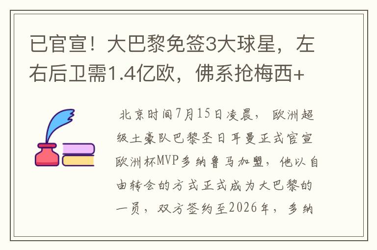 已官宣！大巴黎免签3大球星，左右后卫需1.4亿欧，佛系抢梅西+C罗