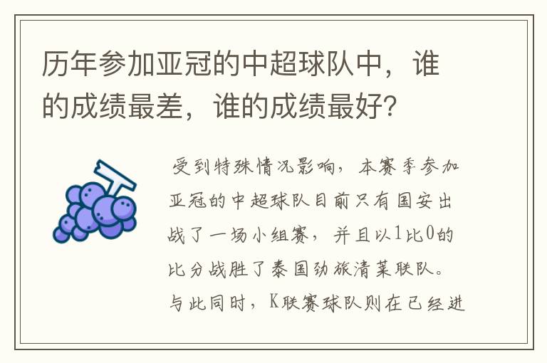 历年参加亚冠的中超球队中，谁的成绩最差，谁的成绩最好？