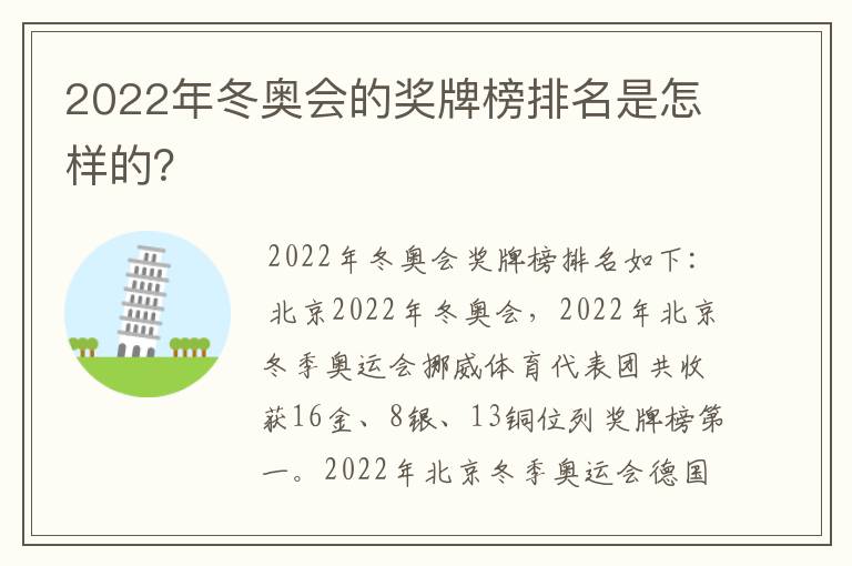 2022年冬奥会的奖牌榜排名是怎样的？