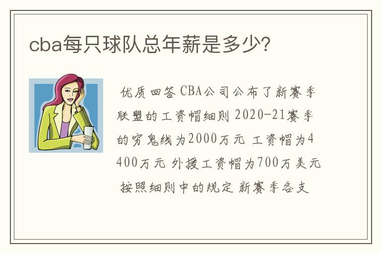 cba每只球队总年薪是多少？