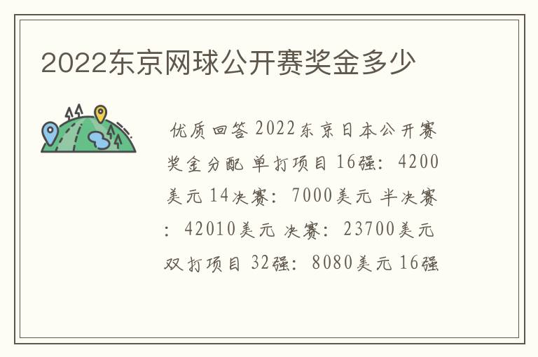 2022东京网球公开赛奖金多少